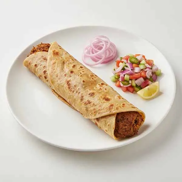 Chicken Shami Kebab Paratha Roll With Pickled Onion & Kachumber Salad